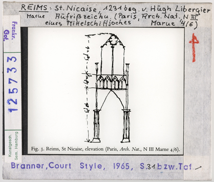 Vorschaubild Reims: St. Nicaise, Aufrisszeichnung eines Mittelschiffjochs von Hugh Libergier 
